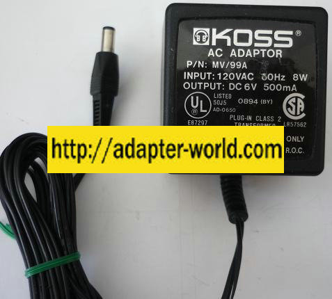 KOSS AD-0650 AC ADAPTER 6VDC 500mA NEW (-) 2x5.5mm ROUND BARRE