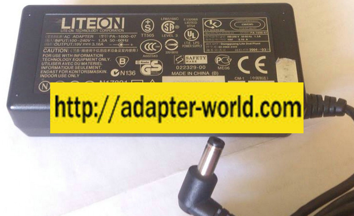 LITEON PA-1600-07 AC ADAPTER 19VDC 3.16A NEW -( )-
