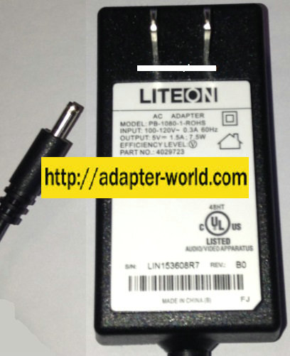 LITEON PB-1080-1-ROHS AC ADAPTER 5V DC 1.5A 7.5W NEW 1.3x3.4x9. - Click Image to Close