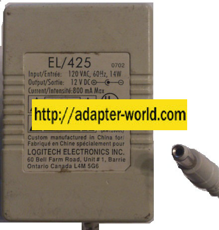 LOGITECH EL/425 AC ADAPTER 12VDC 800mA MAX NEW 1 x 3.3 x 8mm - Click Image to Close