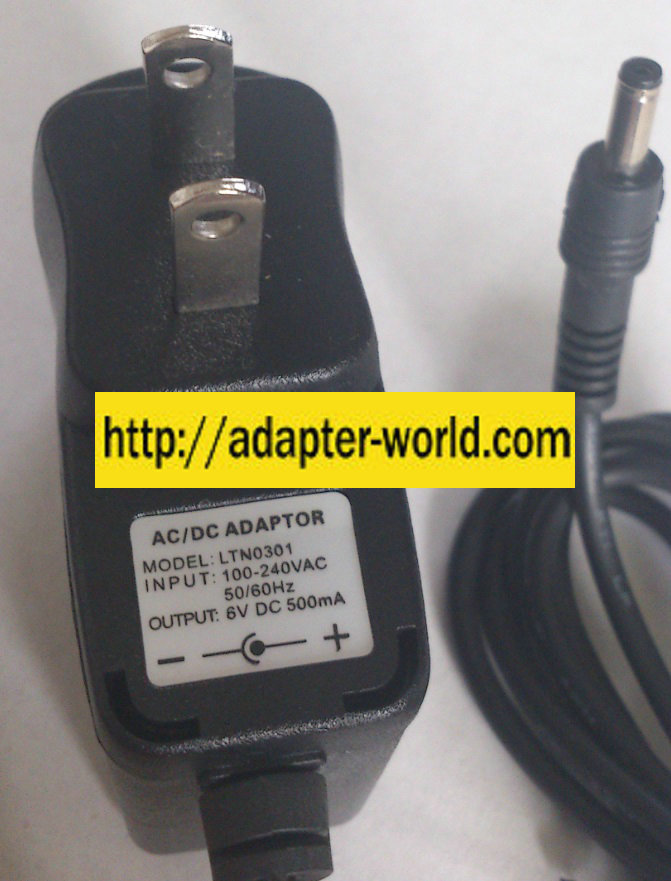 LTN0301 AC ADAPTER 6VDC 500mA NEW -( )- 1.5x3.5x9.5mm - Click Image to Close