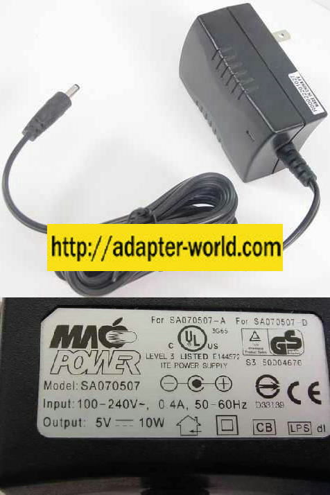 MACPOWER SA070507 AC ADAPTER 5-7VDC 10W NEW 1.7 x 3.5 x 9.8mm - Click Image to Close