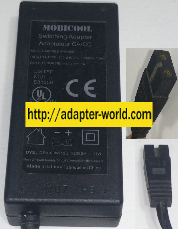 MOBICOOL Y40 050 AC ADAPTER 12V 5A NEW 2-PIN CONNETOR POWER SU