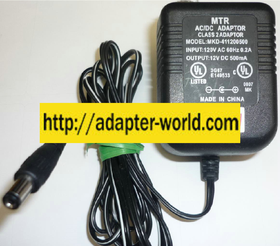 MTR MKD411200500 AC ADAPTER NEW -( )2x5.5mm 12VDC 500mA CLASS 2 - Click Image to Close