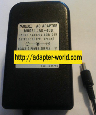 NEC AD-400 AC ADAPTER 12V DC 1200MA POWER SUPPLY CLASS 2 - Click Image to Close