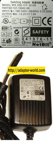 NETBIT DSC-51F-52100 AC ADAPTER 5.2VDC 1A Palm SWITCHING POWER S - Click Image to Close