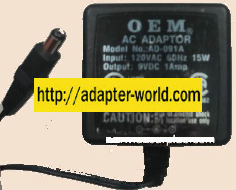 OEM AD-091A AC ADAPTER 9VDC 1Amp PLUG IN CLASS 2 TRANSFORMER - Click Image to Close