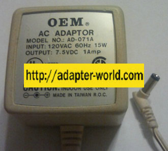 OEM AD-071A AC ADAPTER 7.5VDC 1A -( )- 2x5.5mm POWER SUPPLY - Click Image to Close