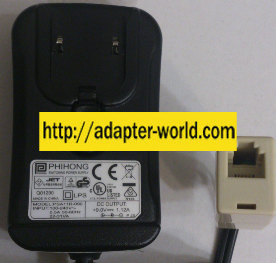 PHIHONG PSA11R-090 AC ADAPTER 9VDC 1.12A NEW -( )- RJ45 - Click Image to Close
