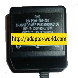 PHS P001-001-001 AC ADAPTER 15VDC 600mA CLASS 2 TRANSFORMER