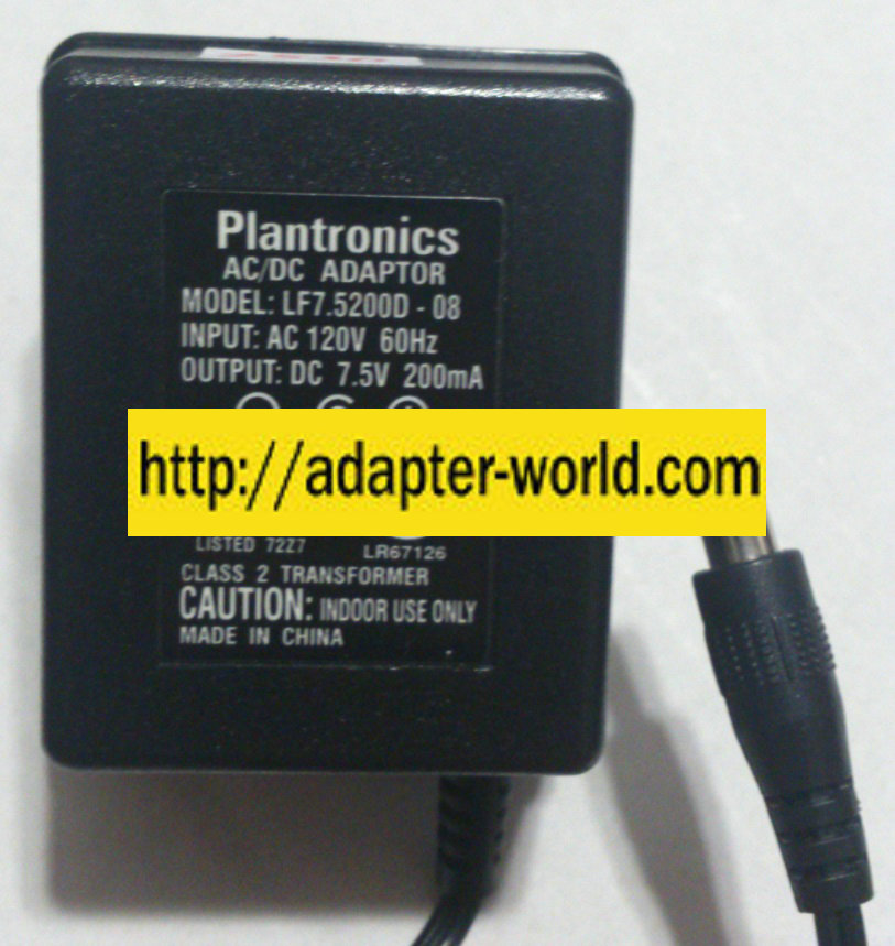 PLANTRONICS LF7.5200D-08 AC ADAPTER 7.5VDC 200mA NEW -( )-