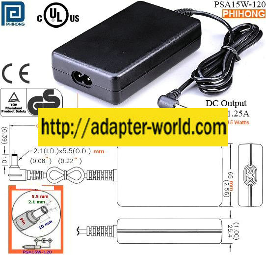 PHIHONG PSA15W-120 AC ADAPTER 12VDC 1.25A 91-59026 Power Supply