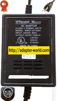 RECEIPT MASTER MW57-221500A AC ADAPTER 22VAC 1500mA NEW 4PIN - Click Image to Close