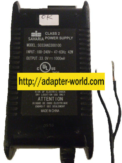 SAVARIA S033AN3300100 AC ADAPTER 33VDC 1000mA NEW 2 Wire - Click Image to Close