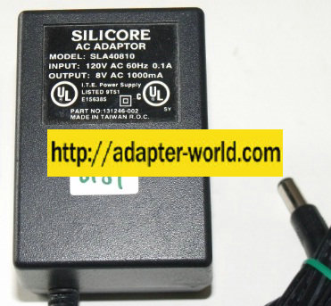 SILICORE SLA40810 AC ADAPTER 8Vac 1000mA NEW 2x5.5mm ~(~) 120va - Click Image to Close