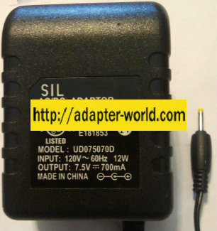 SIL UD075070D AC ADAPTER 7.5VDC 700MA NEW -( ) 0.7x2.2mm ROUND - Click Image to Close