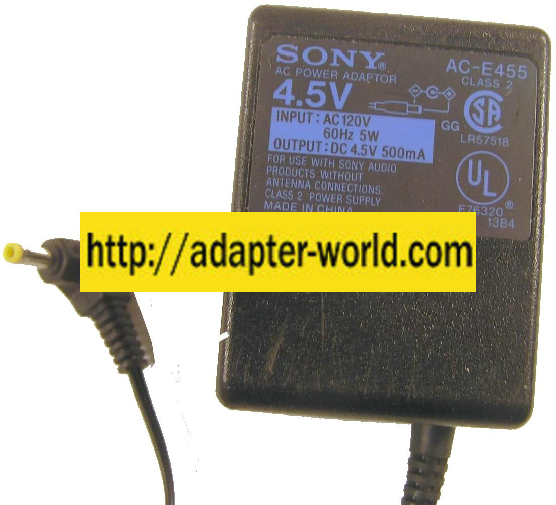 SONY AC-E455 AC ADAPTER 4.5VDC 500mA New 1.7 x 4 x 9.5mm 90 Deg - Click Image to Close