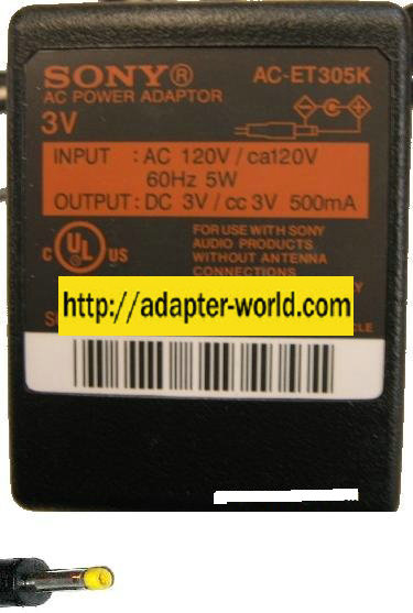 SONY AC-ET305K AC ADAPTER 3VDC 500mA POWER SUPPLY WALLMOUNT DIRE - Click Image to Close