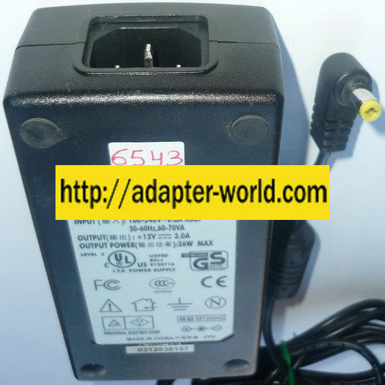 SUNNY STD-1203 AC ADAPTER 12VDC 3A 36W NEW -( ) 2x5.5mm ROUND B - Click Image to Close