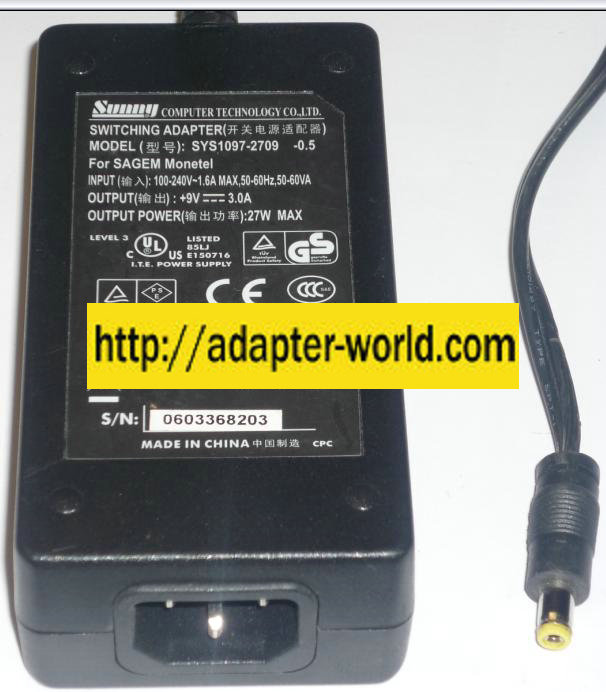 SUNNY SYS1097-2709 AC ADAPTER 9VDC 3A 27W -( ) 2x5.7mm ROUND BA - Click Image to Close