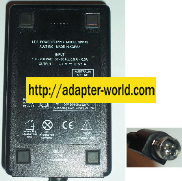 AULT SW115 CAMERA AC ADAPTER 7VDC 3.57A NEW 3PIN DIN 10mm POWER