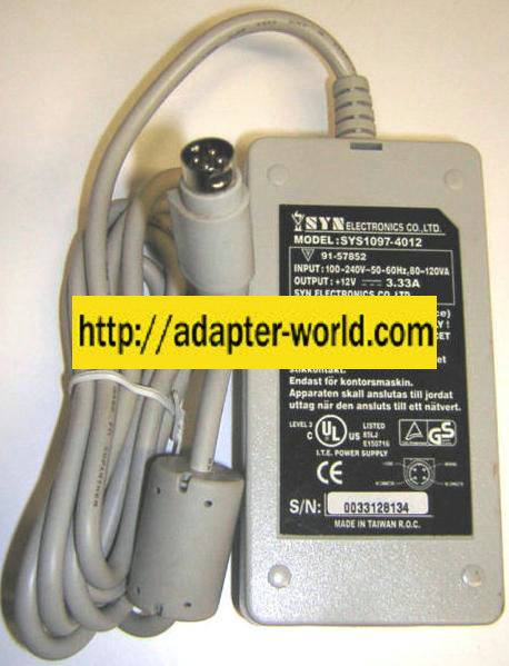 SYN ELECTRONICS SYS1097-4012 AC ADAPTER 12V 3.33A POWER SUPPLY - Click Image to Close