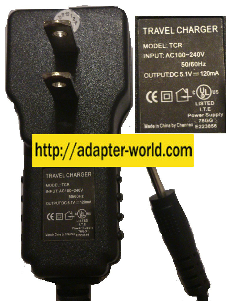 CHANNEX TCR AC ADAPTER 5.1VDC 120mA NEW 0.6x2.5x10.3mm ROUND BA