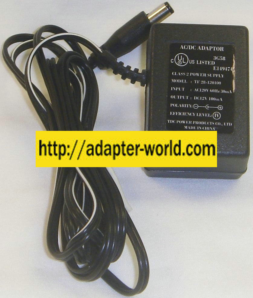 TDC TF 28-120100 AC ADAPTER 12VDC 100mA NEW 2x5.5x9.8mm -( )- - Click Image to Close