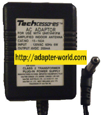TECHCESSORIES 15-1834 AC ADAPTER 6VDC 200mA NEW 2 x 5.5 x 11mm - Click Image to Close