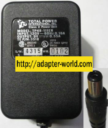 TOTAL POWER TP48-111ER AC ADAPTER 9VDC 0.55A 2.5x5.5mm POWER SUP