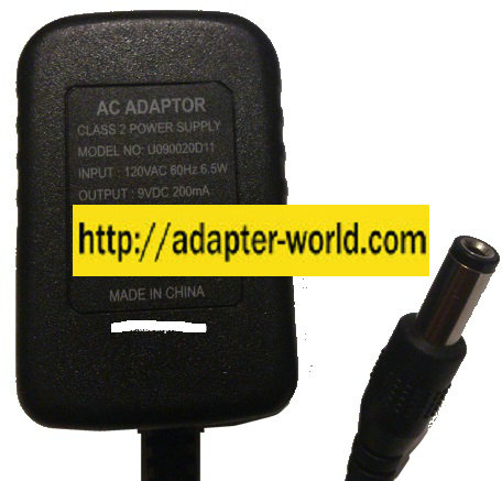 U090020D11 AC ADAPTER 9VDC 200mA NEW 2.8x5.5x12mm -( )-