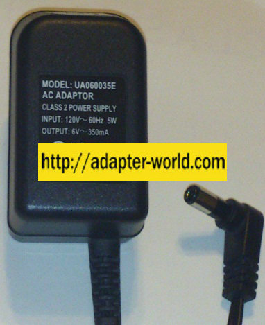 UA060035E AC ADAPTER 6VDC 350mA 2 x 5.5 x 12.5mm 90 Degree - Click Image to Close