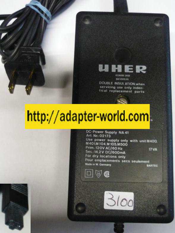 UHER NA41 DC ADAPTER 14.2V 600mA POWER SUPPLY - Click Image to Close