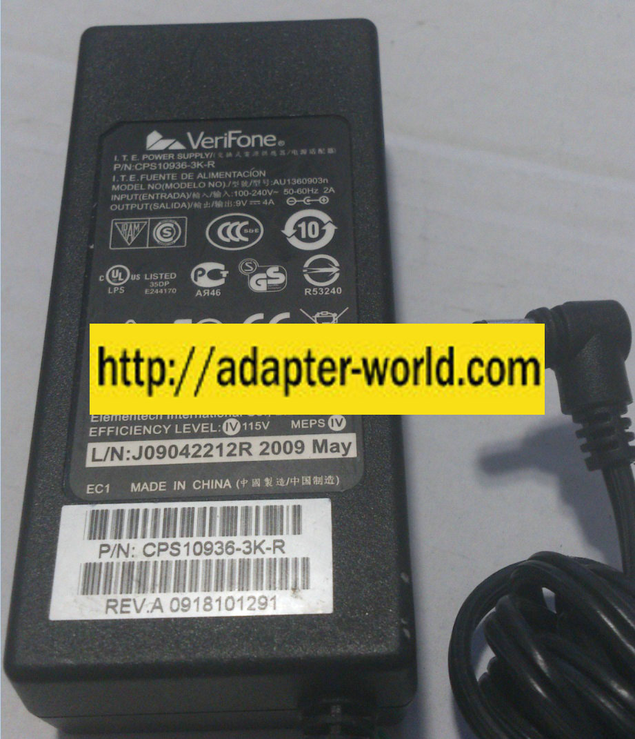 VERIFONE AU1360903n AC ADAPTER 9VDC 4A NEW -( )- 2.5x5.5mm 90 ° - Click Image to Close