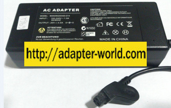 WAN090200450-D14 AC ADAPTER 20VDC New -( )- 3 HOLE PIN - Click Image to Close