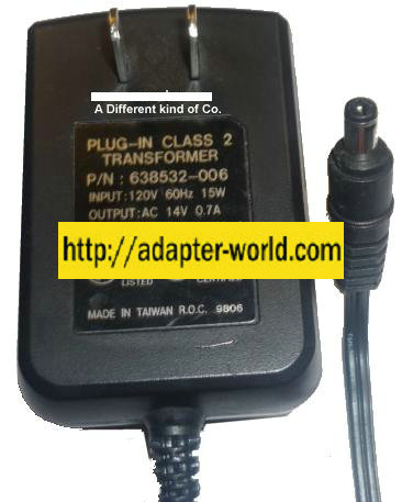 WP411014A-1 AC ADAPTER 14Vac 0.7A New 2x5.5mm ~(~) 120vac PLUG-