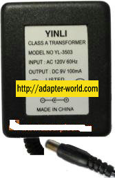 YINLI YL-3503 AC ADAPTER 9VDC 100mA POWER SUPPLY