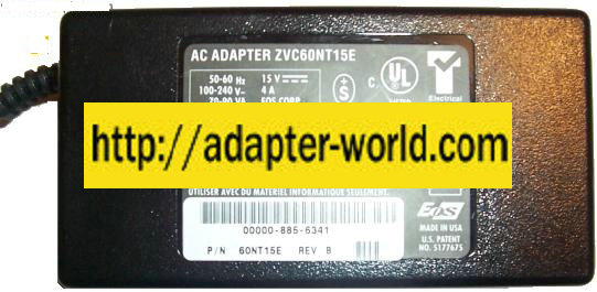 ZVC60NT15E AC DC ADAPTER 15V 4A POWER SUPPLY - Click Image to Close