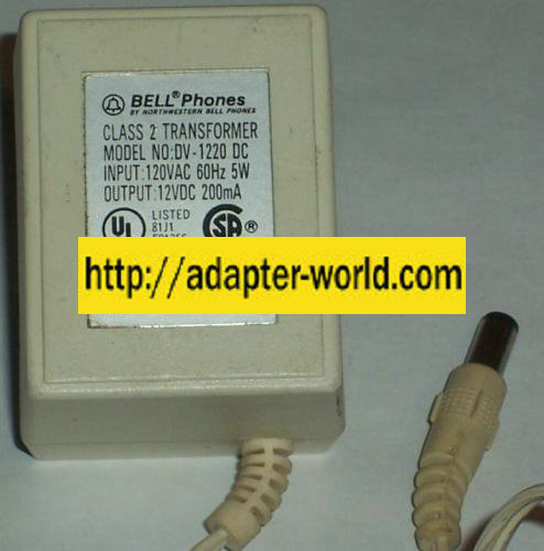 BELL PHONES DV-1220 DC AC ADAPTER 12VDC 200MA POWER SUPPLY - Click Image to Close