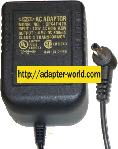 CHD DPX411409 AC ADAPTER 4.5VDC 600mA CLASS 2 TRANSFORMER