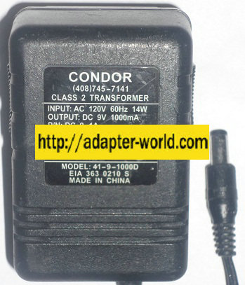 CONDOR 41-9-1000D AC ADAPTER 9V DC 1000mA NEW POWER SUPPLY - Click Image to Close