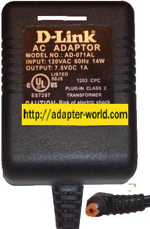 D-LINK AD-071AL AC ADAPTER 7.5VDC 1A 90 ° 2x5.5mm 120vac New Lin - Click Image to Close