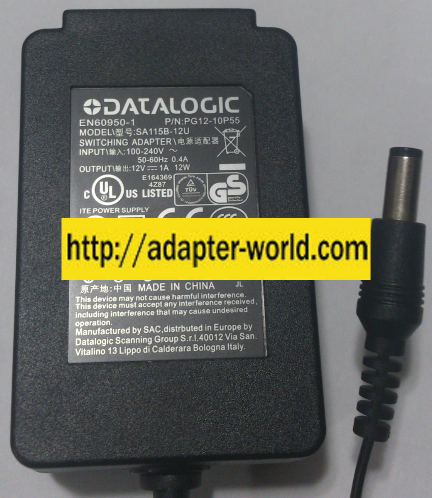 DATALOGIC SA115B-12U AC ADAPTER 12VDC 1A NEW (-) 2x5.5x11.8mm - Click Image to Close
