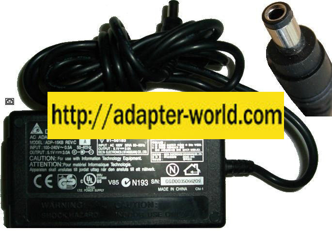 DELTA ELECTRONICS ADP-15KB AC ADAPTER 5.1VDC 3A 91-56183 Power - Click Image to Close