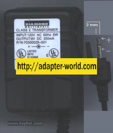 DIAMOND 35-9-350D AC ADAPTER 6VDC 350mA -( ) 2.5mm Audio pin 703
