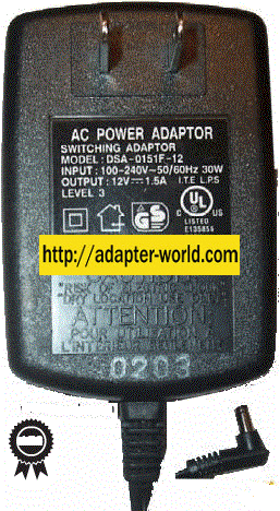 DSA-0151F-12 AC ADAPTER 12VDC 1.5A -( ) 2x5.5mm New 90 ° 100-240 - Click Image to Close
