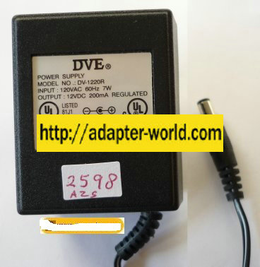 DVE DV-1220R AC ADAPTER 12V DC 200mA -( ) 2.1x5.5mm ROUND BARREL