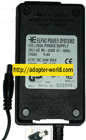 ELPAC POWER SYSTEMS 2534 AC ADAPTER 8VDC 2.5A 20W POWER SUPPLY - Click Image to Close