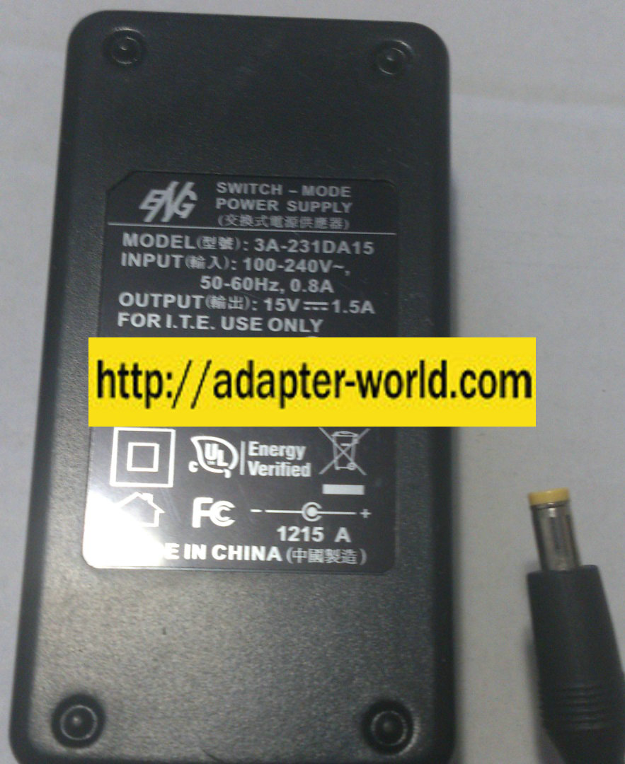 ENG 3A-231DA15 AC ADAPTER 15VDC 1.5A NEW -( )- 1.7x4.8x9.4mm - Click Image to Close