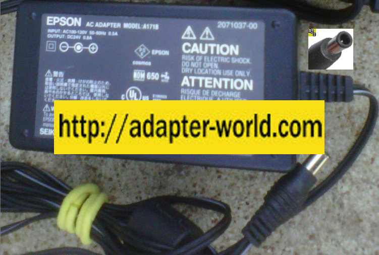 EPSON A171B AC ADAPTER 24VDC 0.8A POWER SUPPLY 2071037-00 - Click Image to Close